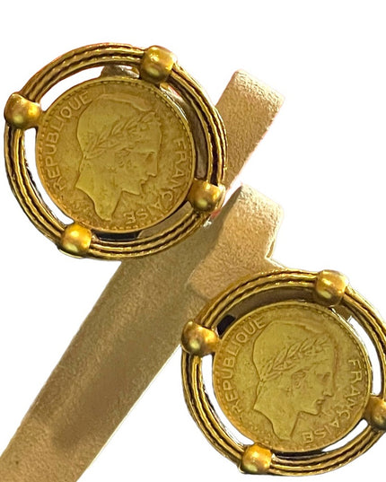 Vintage French COIN Chunky disc Gold finish clip on earrings Runway