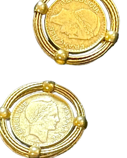 Vintage French COIN Chunky disc Gold finish clip on earrings Runway