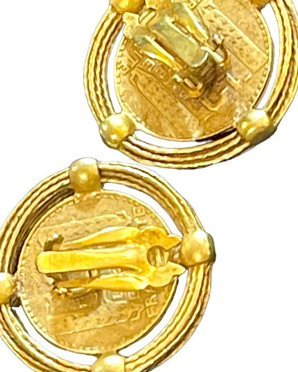 Vintage French COIN Chunky disc Gold finish clip on earrings Runway