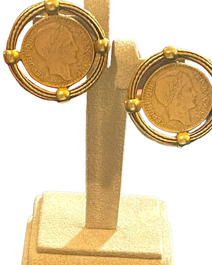 Vintage French COIN Chunky disc Gold finish clip on earrings Runway