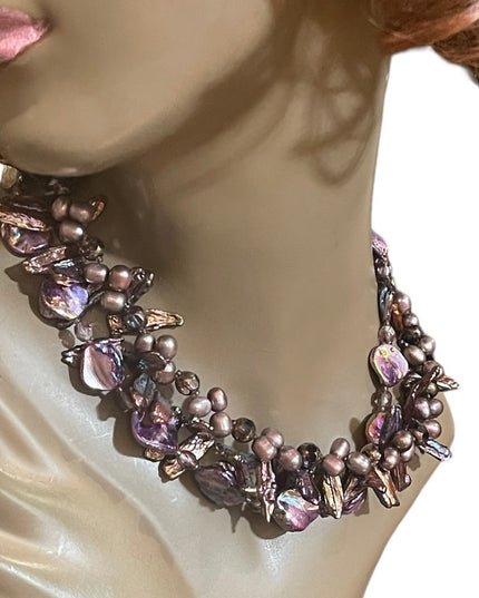 Stunning Purple dyed Baroque & Fresh water pearls 3 strand necklace Lovely!