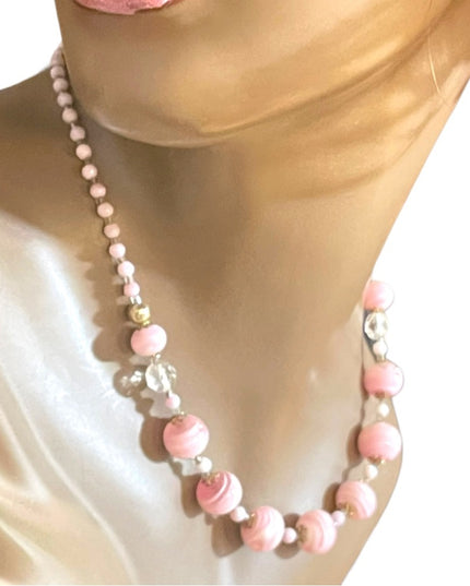 Vintage Italian Italy Murano Pink white glass spun hand made bead necklace