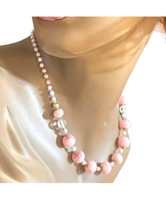 Vintage Italian Italy Murano Pink white glass spun hand made bead necklace