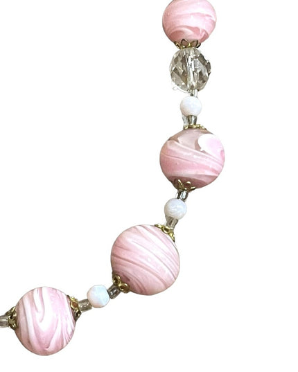 Vintage Italian Italy Murano Pink white glass spun hand made bead necklace