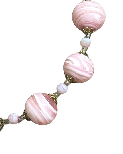 Vintage Italian Italy Murano Pink white glass spun hand made bead necklace