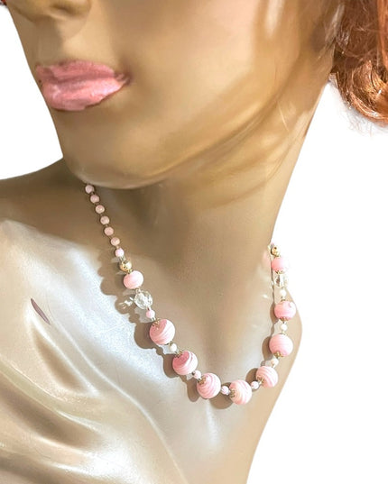 Vintage Italian Italy Murano Pink white glass spun hand made bead necklace
