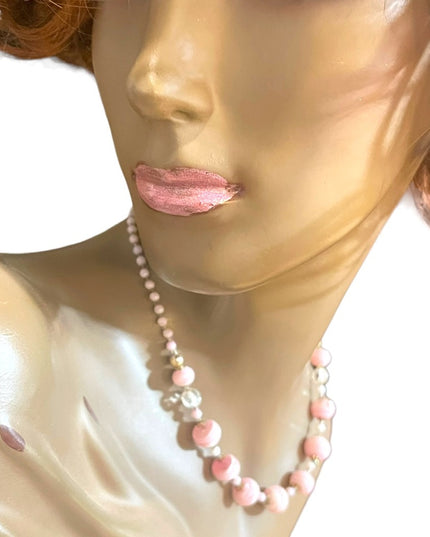 Vintage Italian Italy Murano Pink white glass spun hand made bead necklace