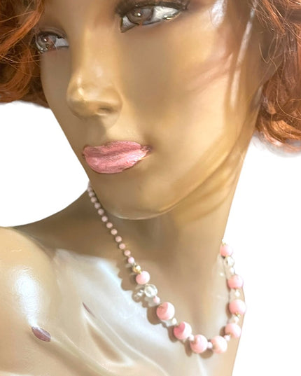 Vintage Italian Italy Murano Pink white glass spun hand made bead necklace