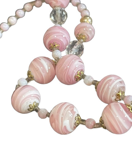 Vintage Italian Italy Murano Pink white glass spun hand made bead necklace