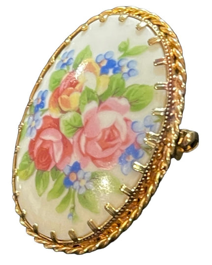 Vintage Ceramic flowers Limoges France transfer cameo brooch Lovely! gold finish