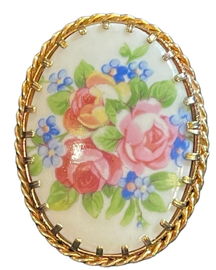 Vintage Ceramic flowers Limoges France transfer cameo brooch Lovely! gold finish