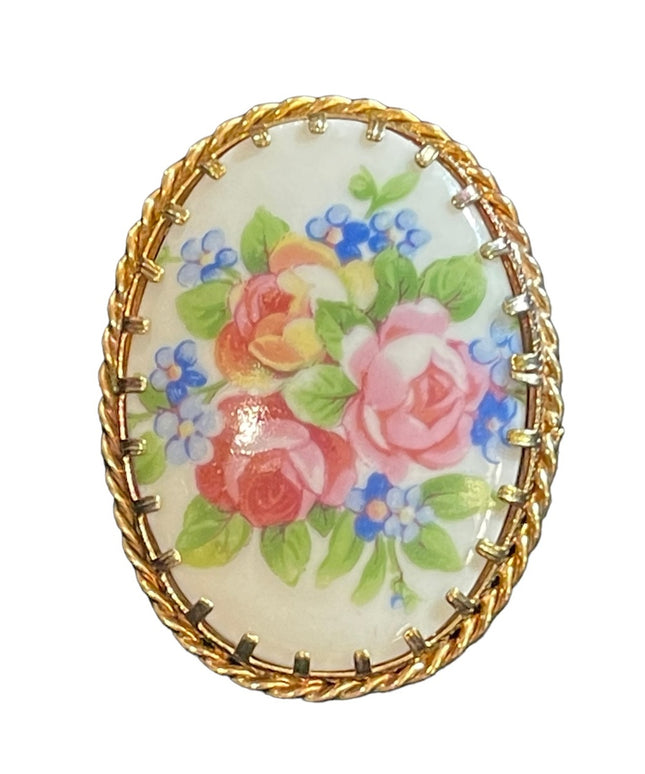 Vintage Ceramic flowers Limoges France transfer cameo brooch Lovely! gold finish