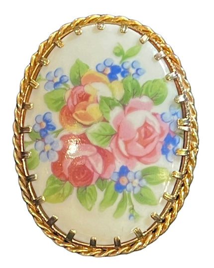 Vintage Ceramic flowers Limoges France transfer cameo brooch Lovely! gold finish