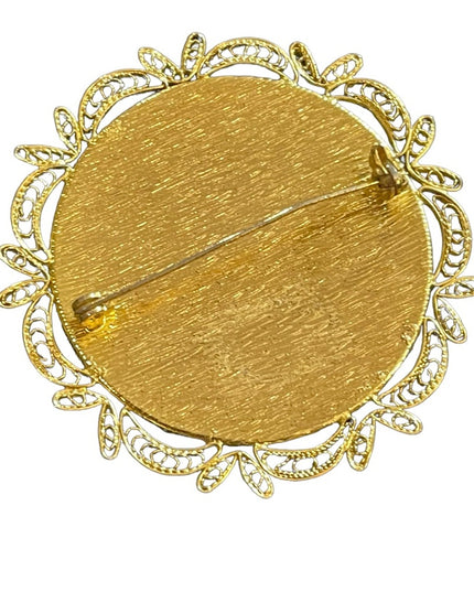 Vintage 1960s Large Damascene Gold plated Birds of Paradise black enamel brooch