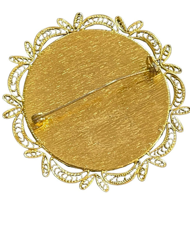 Vintage 1960s Large Damascene Gold plated Birds of Paradise black enamel brooch