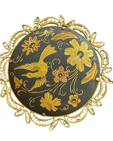 Vintage 1960s Large Damascene Gold plated Birds of Paradise black enamel brooch