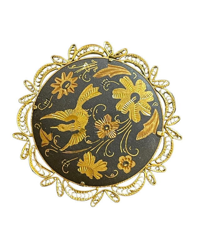 Vintage 1960s Large Damascene Gold plated Birds of Paradise black enamel brooch