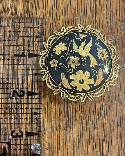 Vintage 1960s Large Damascene Gold plated Birds of Paradise black enamel brooch