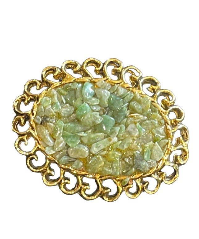 Vintage Jade chip fancy 1970s Gold finish brooch