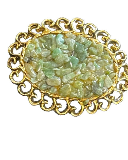 Vintage Jade chip fancy 1970s Gold finish brooch