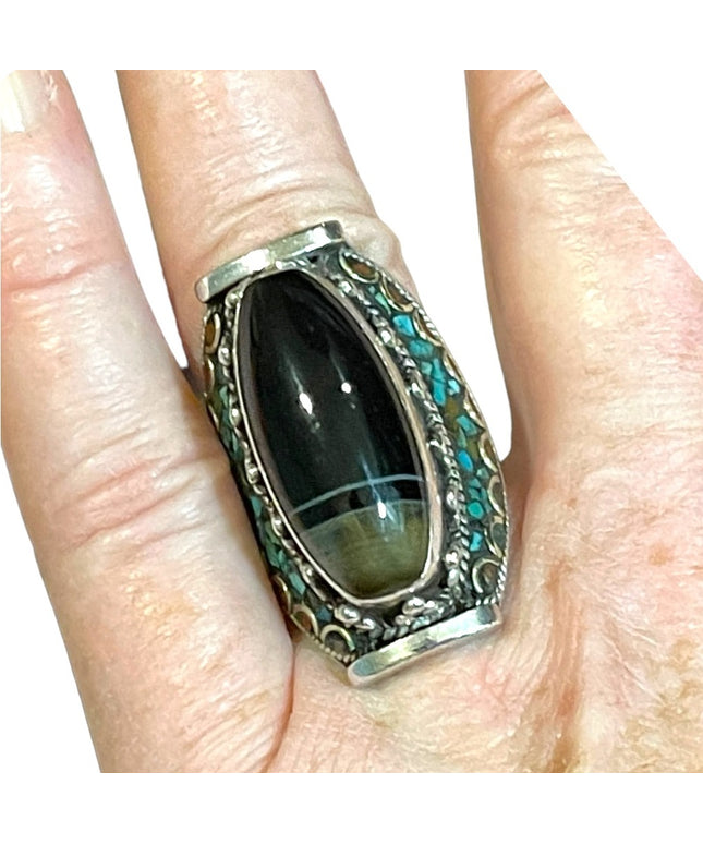Vintage Sterling silver 925 Chunky oval Black striped onyx turquois coral ring