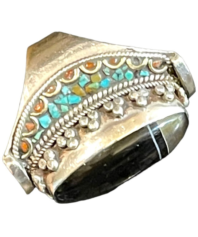 Vintage Sterling silver 925 Chunky oval Black striped onyx turquois coral ring