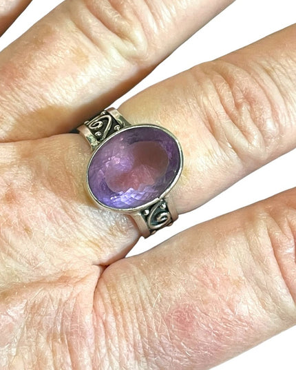 Orante scroll design sterling silver 925 large amethyst handmade ring