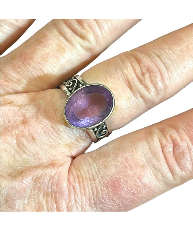 Orante scroll design sterling silver 925 large amethyst handmade ring