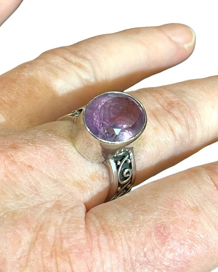 Orante scroll design sterling silver 925 large amethyst handmade ring