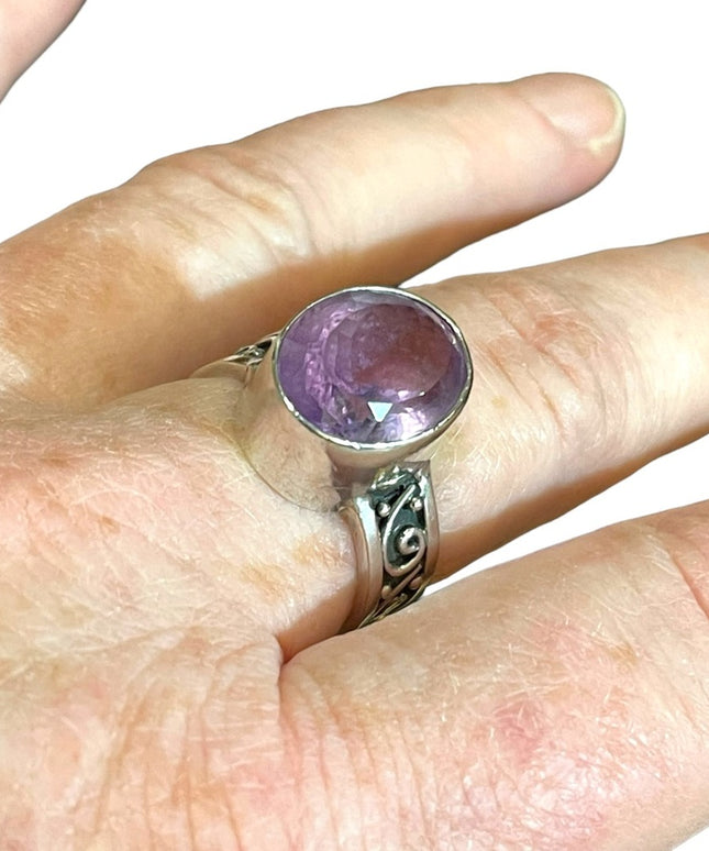 Orante scroll design sterling silver 925 large amethyst handmade ring