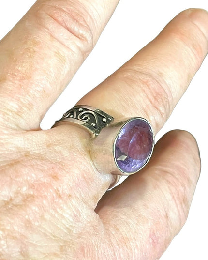 Orante scroll design sterling silver 925 large amethyst handmade ring