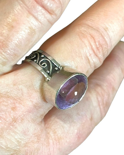 Orante scroll design sterling silver 925 large amethyst handmade ring