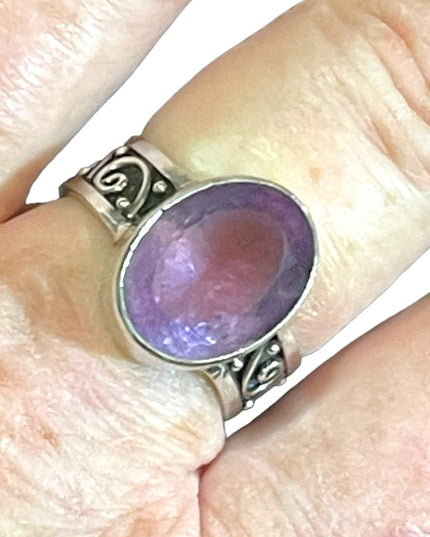 Orante scroll design sterling silver 925 large amethyst handmade ring