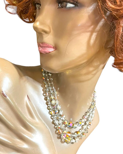 Vintage 1960s Silver metalic AB fancy crystal glass 3 strand beaded necklace