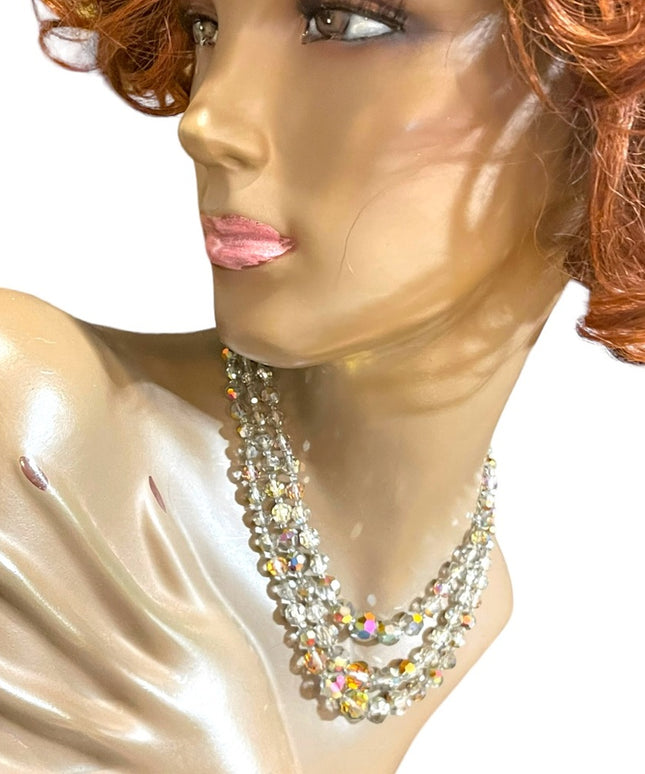 Vintage 1960s Silver metalic AB fancy crystal glass 3 strand beaded necklace