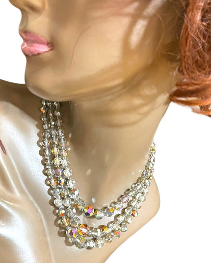 Vintage 1960s Silver metalic AB fancy crystal glass 3 strand beaded necklace