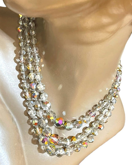 Vintage 1960s Silver metalic AB fancy crystal glass 3 strand beaded necklace