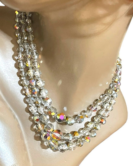 Vintage 1960s Silver metalic AB fancy crystal glass 3 strand beaded necklace