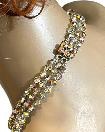 Vintage 1960s Silver metalic AB fancy crystal glass 3 strand beaded necklace