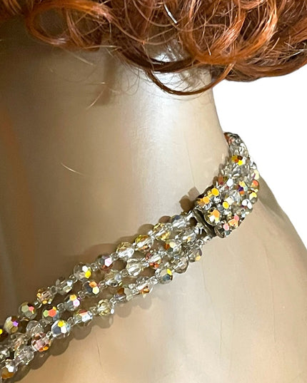 Vintage 1960s Silver metalic AB fancy crystal glass 3 strand beaded necklace