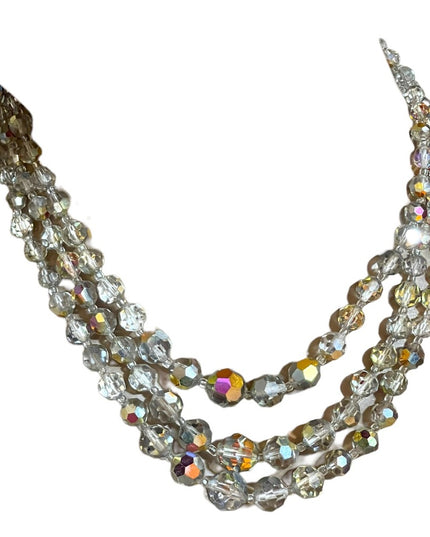 Vintage 1960s Silver metalic AB fancy crystal glass 3 strand beaded necklace