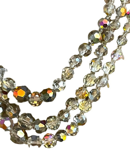 Vintage 1960s Silver metalic AB fancy crystal glass 3 strand beaded necklace
