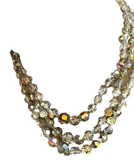 Vintage 1960s Silver metalic AB fancy crystal glass 3 strand beaded necklace