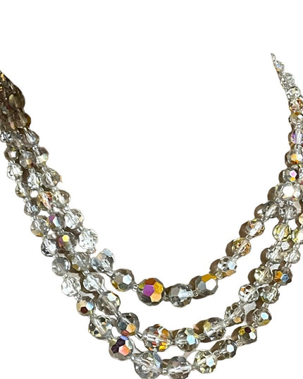 Vintage 1960s Silver metalic AB fancy crystal glass 3 strand beaded necklace