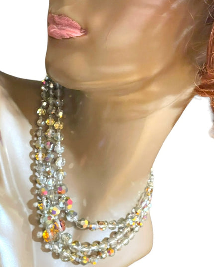 Vintage 1960s Silver metalic AB fancy crystal glass 3 strand beaded necklace