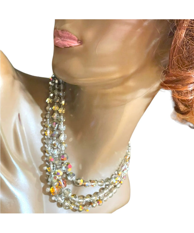 Vintage 1960s Silver metalic AB fancy crystal glass 3 strand beaded necklace