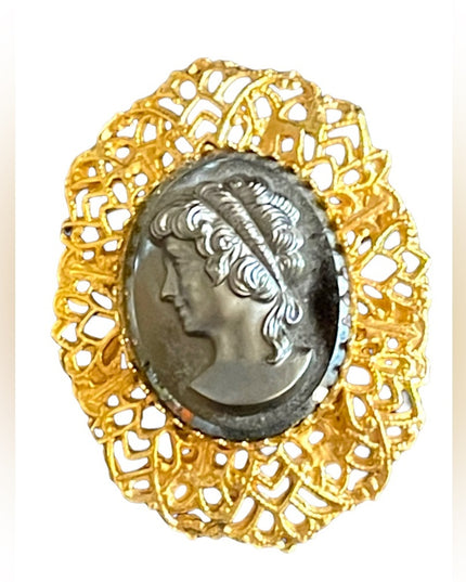 Large Vintage black glass hematite cameo gold finish brooch ornate filagree