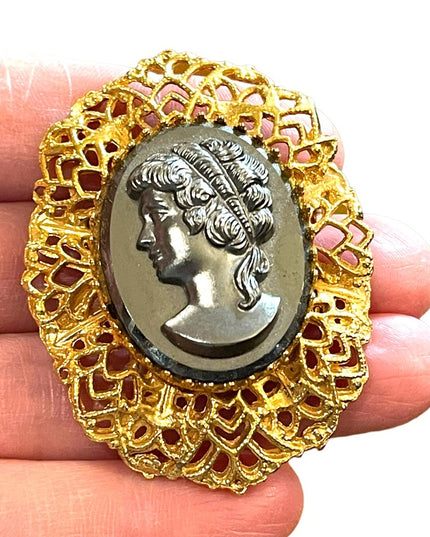 Large Vintage black glass hematite cameo gold finish brooch ornate filagree
