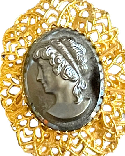 Large Vintage black glass hematite cameo gold finish brooch ornate filagree