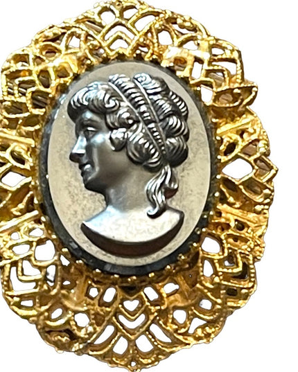 Large Vintage black glass hematite cameo gold finish brooch ornate filagree